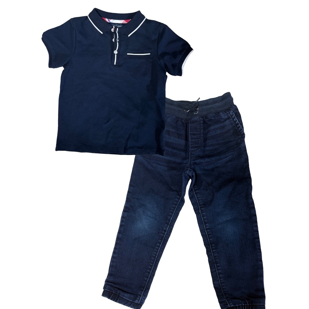 New Andy & Evan Dark Blue 4T Polo Shirt & OshKosh Denim Pants 4T